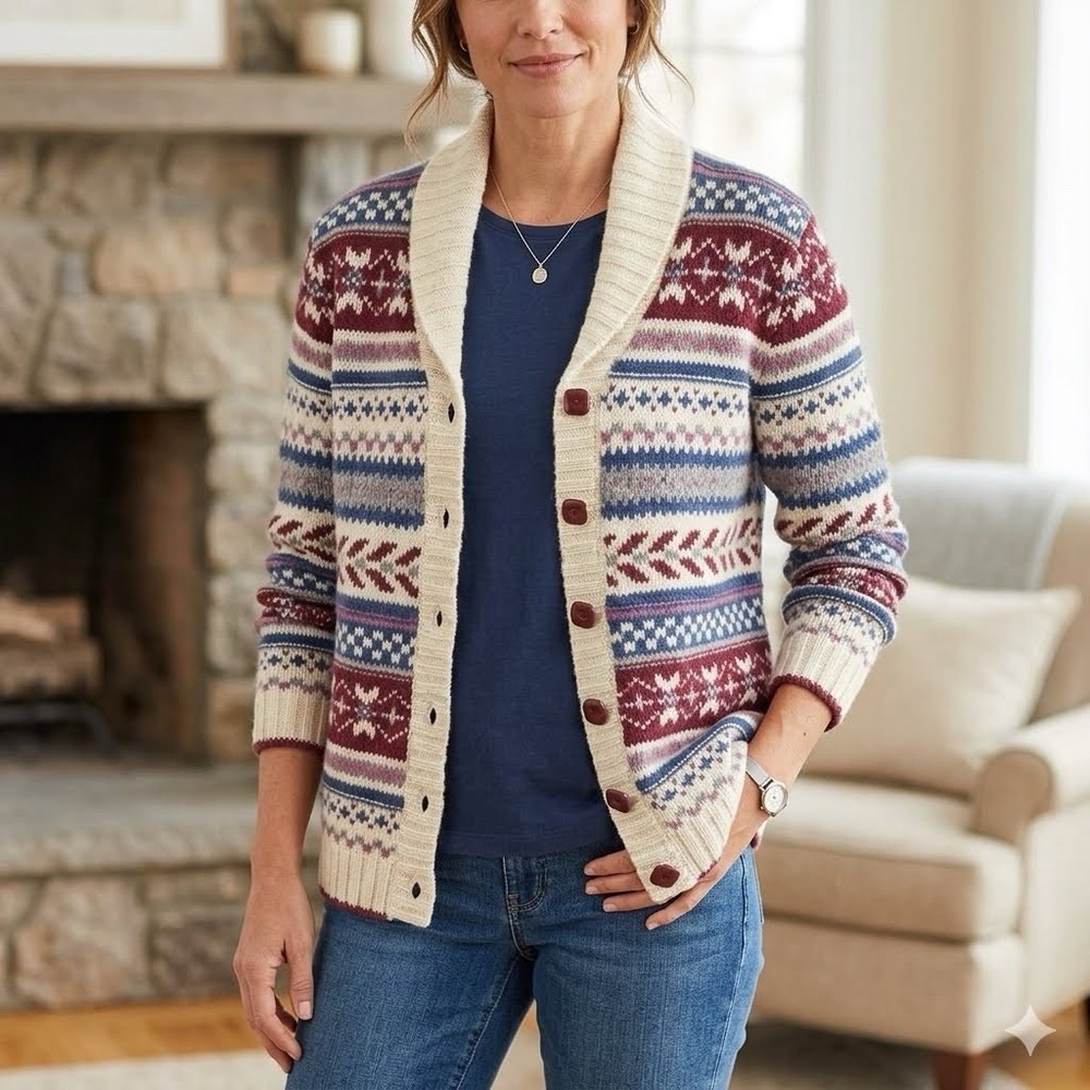 Appleseeds  Shetland Wool Fair Isle Cardigan Sweater Women's XL Shawl Collar